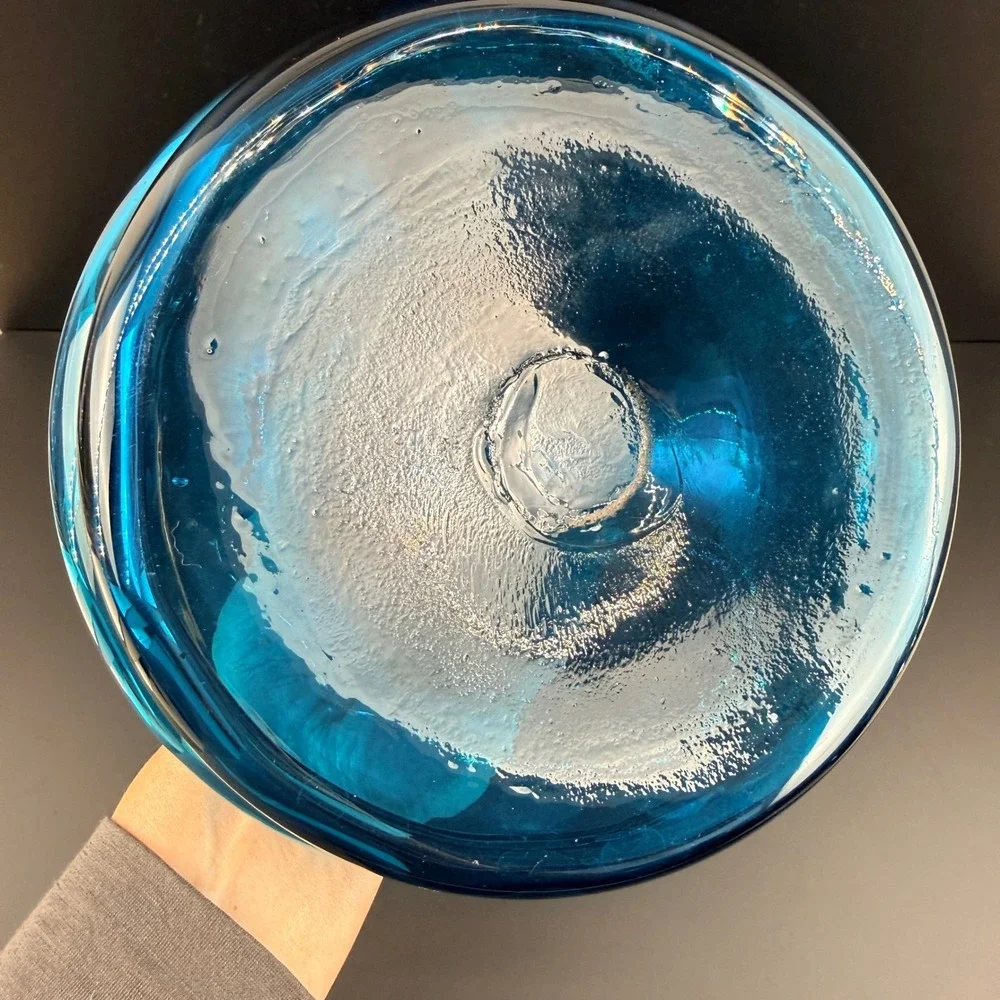 Vintage Blue Art Glass Pitcher Hand Blown 13